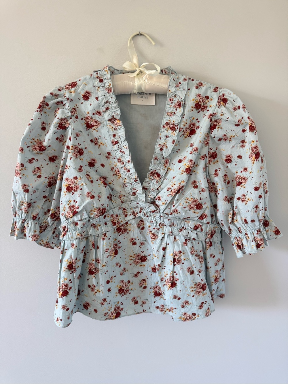 Hyacinth House Light Blue Floral Ruffle V-Neck Peplum Top